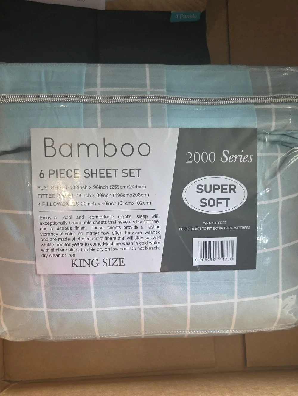 BAMBOO Light Blue and White Plaid 6-Piece Sheet Set